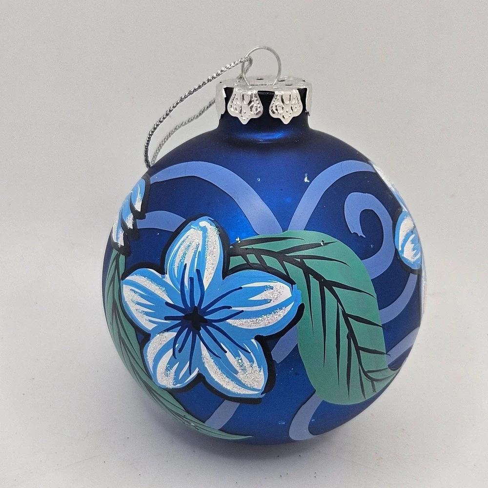 Vintage Blue Hand Painted Glass Christmas Ball‎ Ornament Floral Glitter